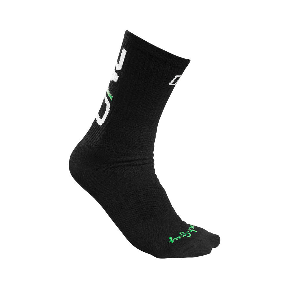 Black OneUp riding sock with white cuff branding