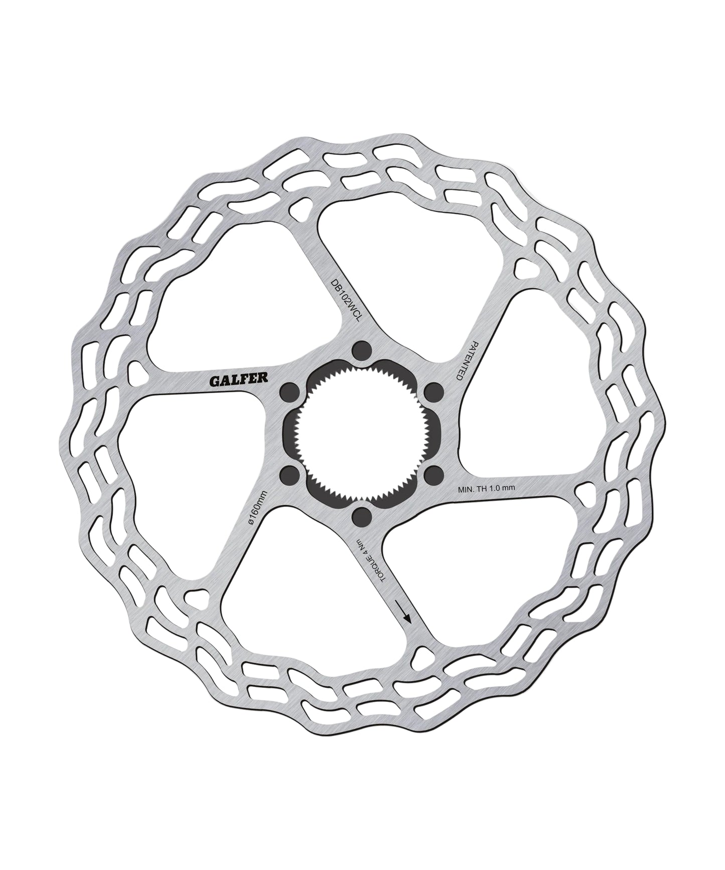 Metallic disc brake rotor on a light gray background