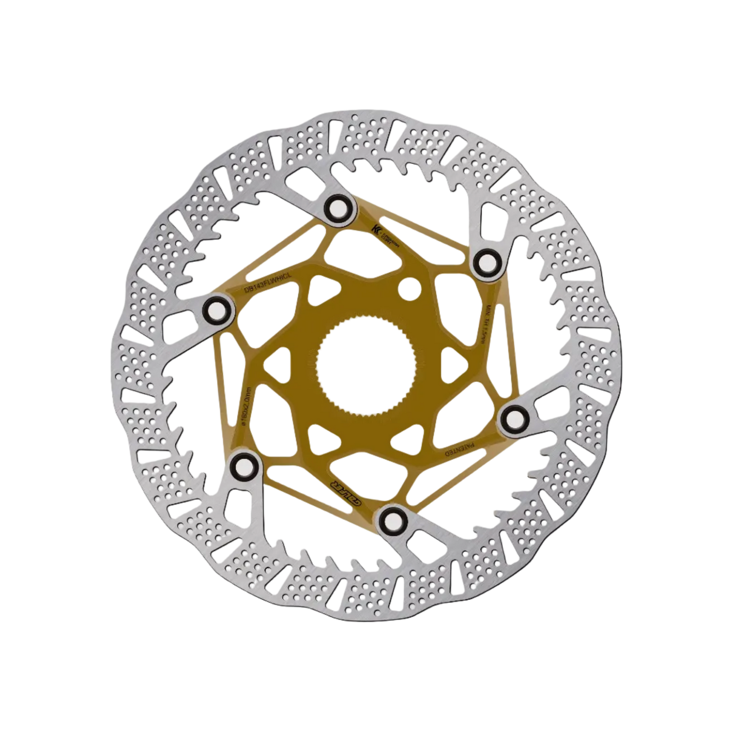Disc brake rotor with gold center and silver outer rim on a light gray background