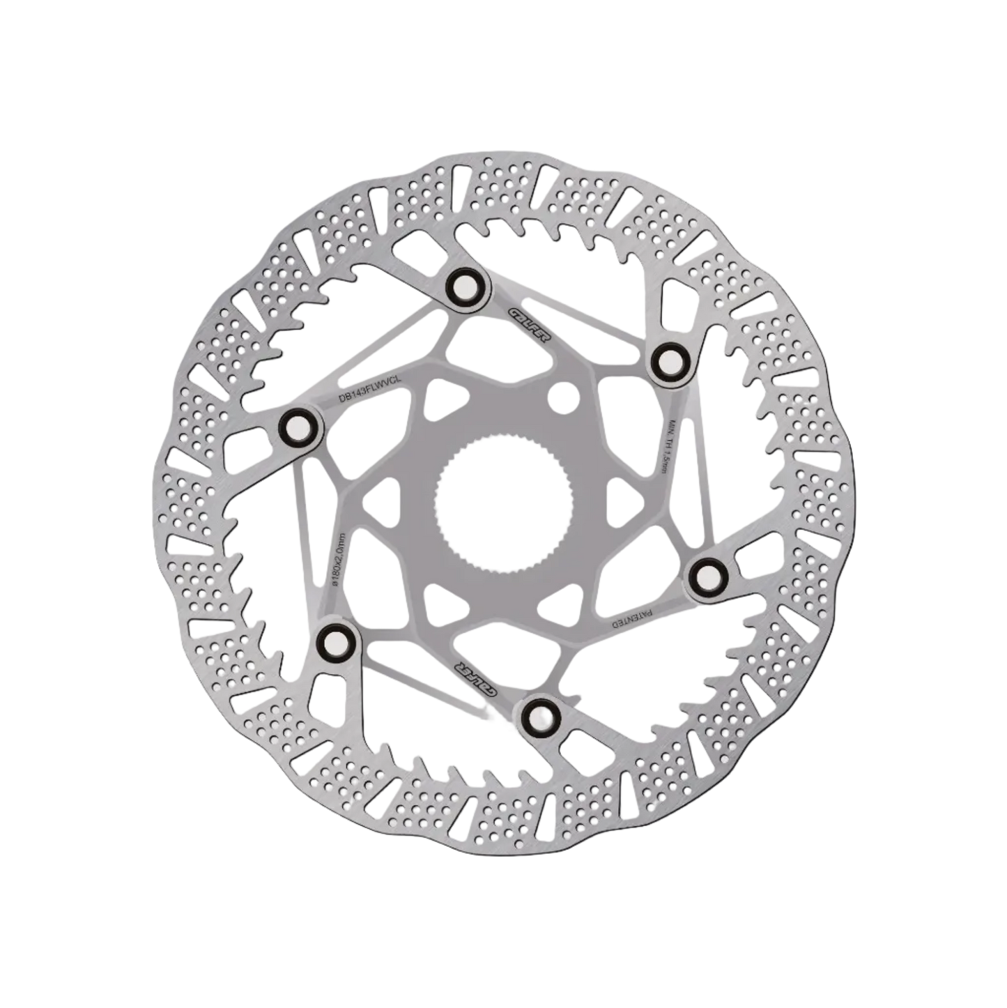 Metallic disc brake rotor on a light gray background