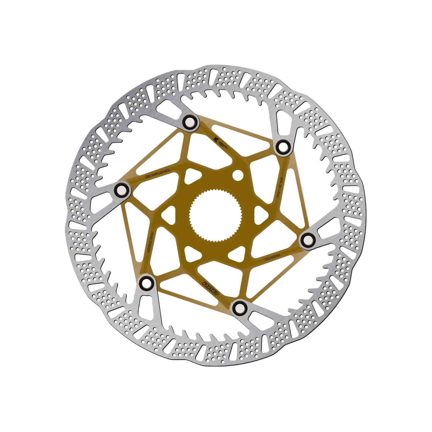 Disc brake rotor with geometric design on a light gray background