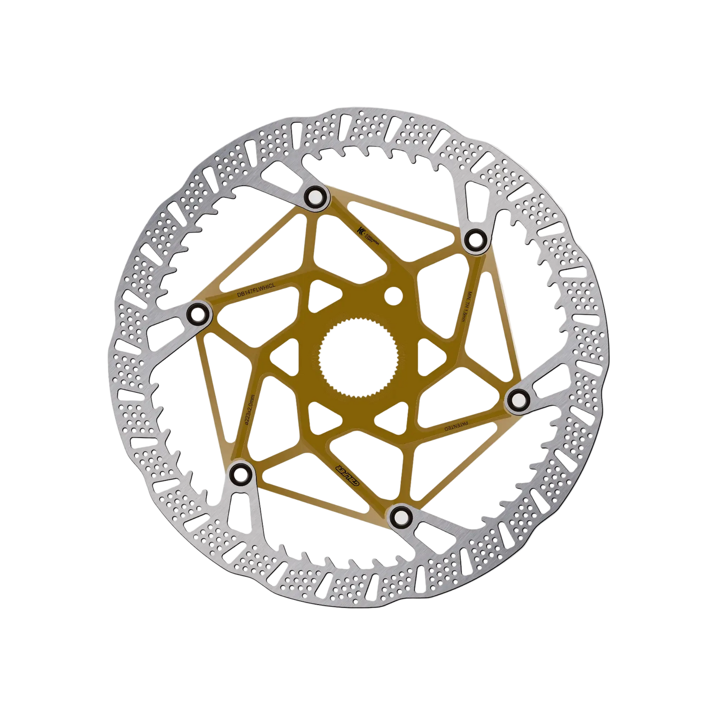 Bicycle disc brake rotor with gold geometric design on a gray background