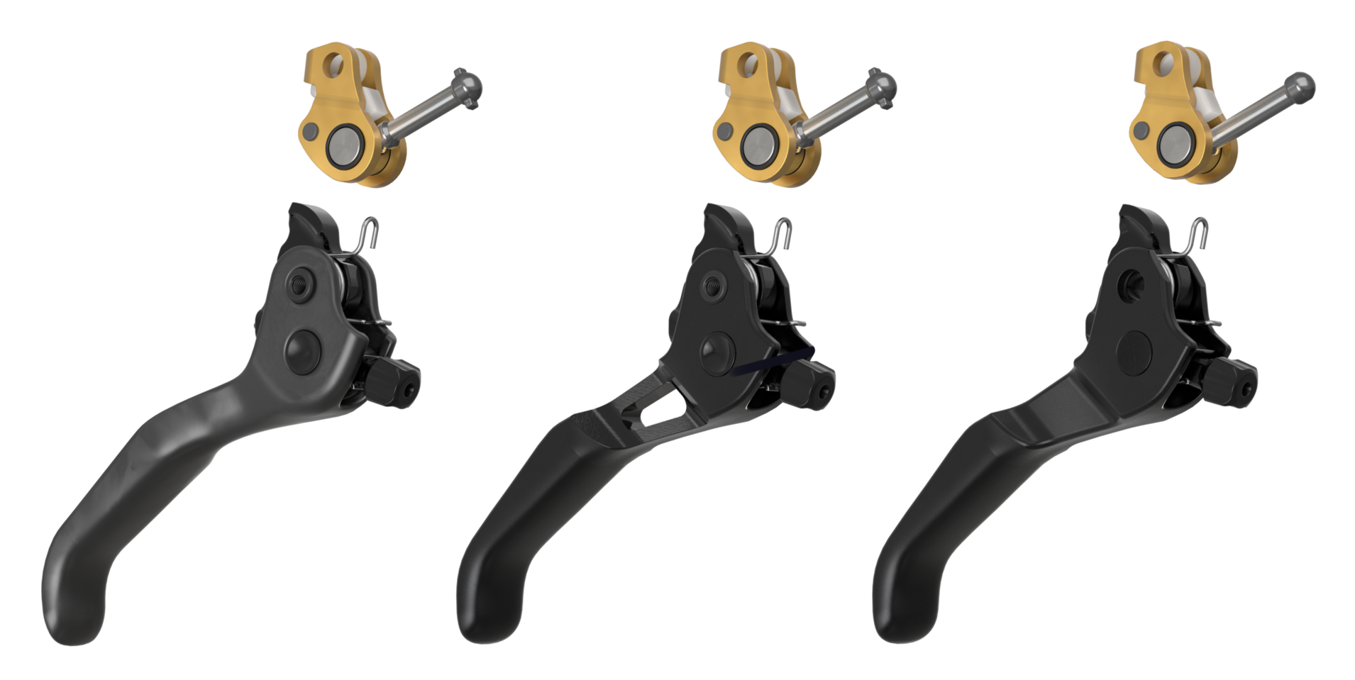 Set of black mountain bike brake levers with gold mounting hardware on a white background sold in BRINK. The best bike shop on planet earth.