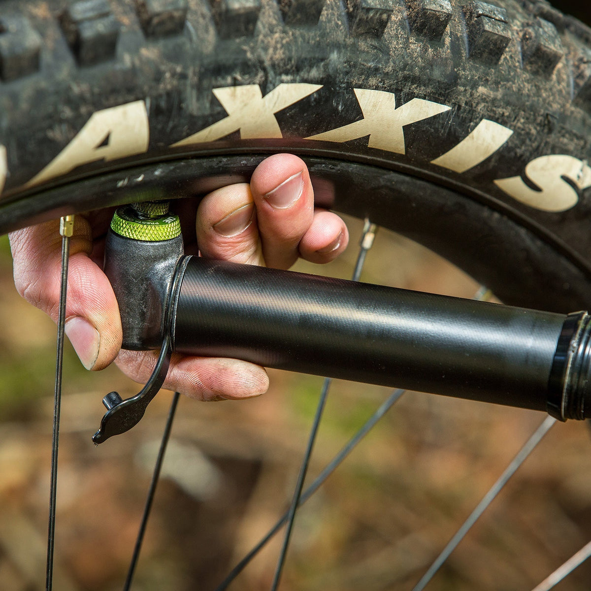 OneUp EDC Pump pressed onto a Presta valve