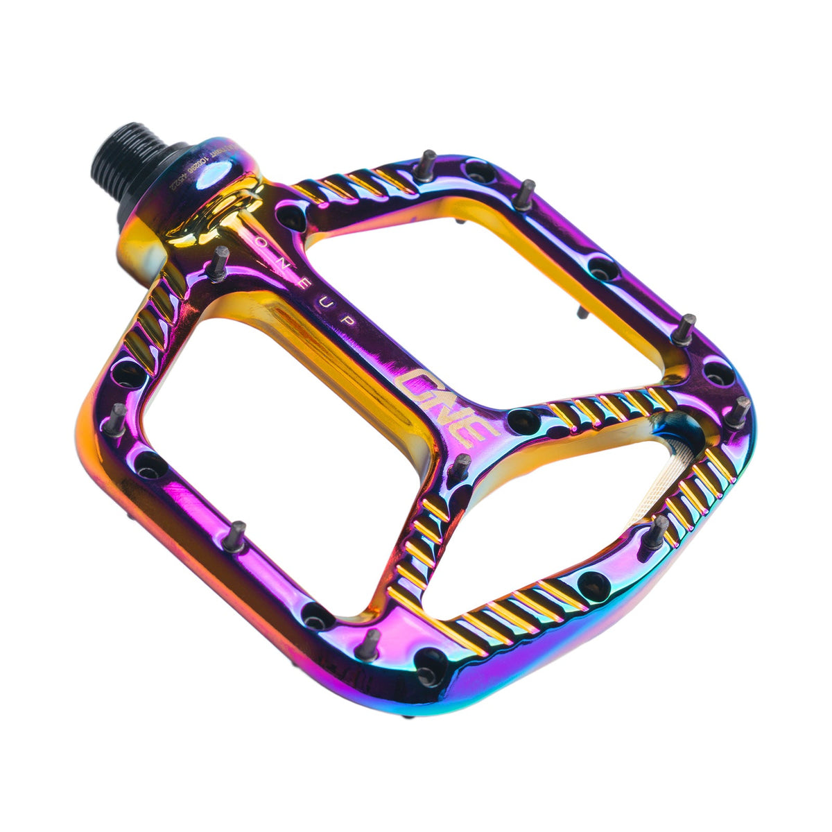 Angled view of an Oil Slick OneUp Aluminium Pedal