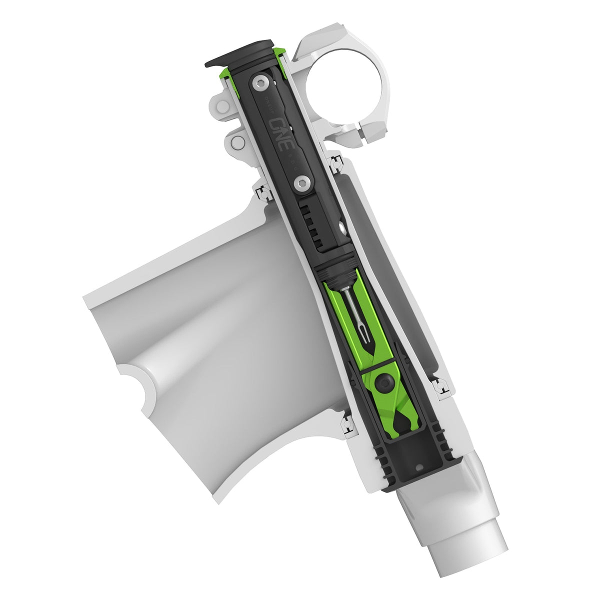 Cutaway showing a threaded top-cap installation with separately sold pliers and tool