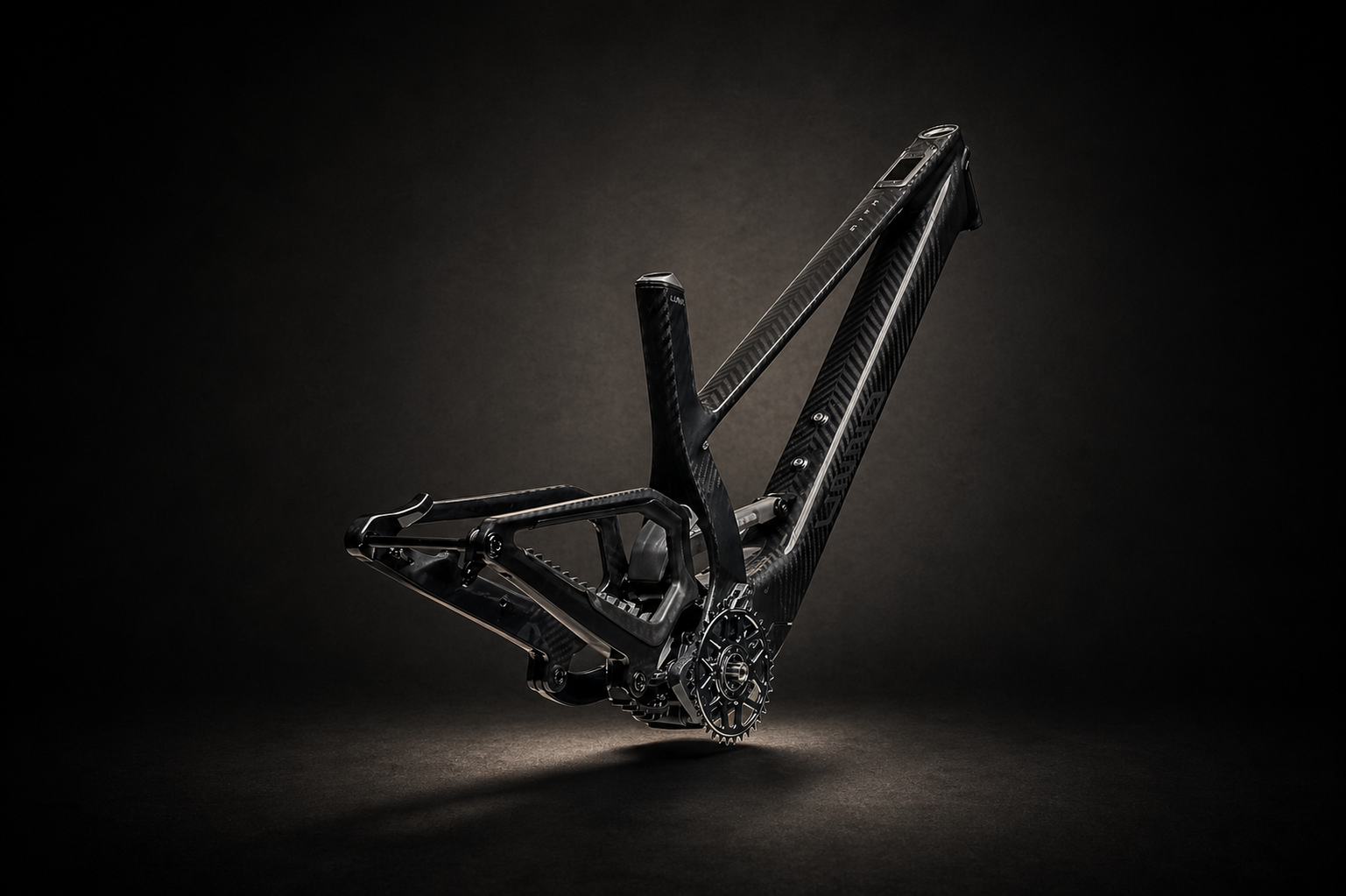 Carbon fiber Unno E-bike frame with a DJI Avinox M2S Motor on a dark background. Sold exclusively at www.brink.uk