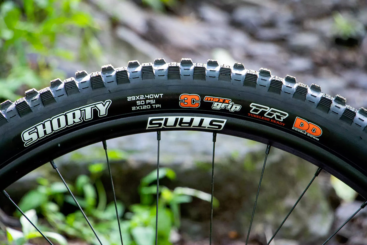A Maxxis Shorty tyre showing its Tubeless Ready marking as a technology example.