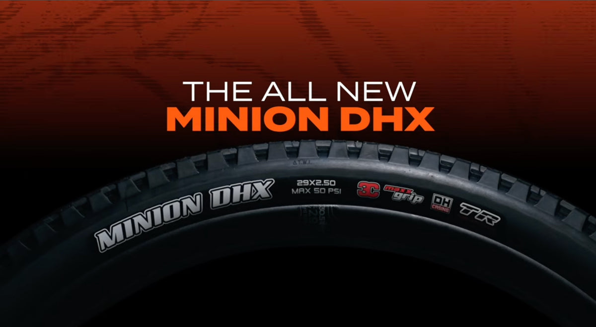 Maxxis Minion DHX launch graphic showing a 29 x 2.5 New DH / 3C MaxxGrip tyre.