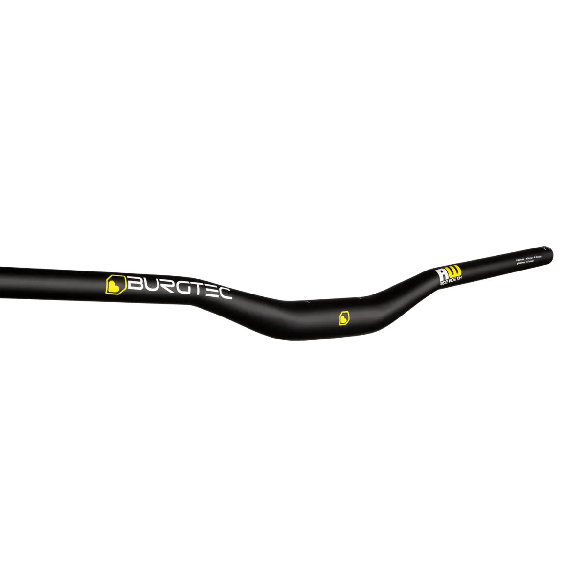 Burgtec Ride Wide Alloy DH handlebar showing its raised profile and DH graphics