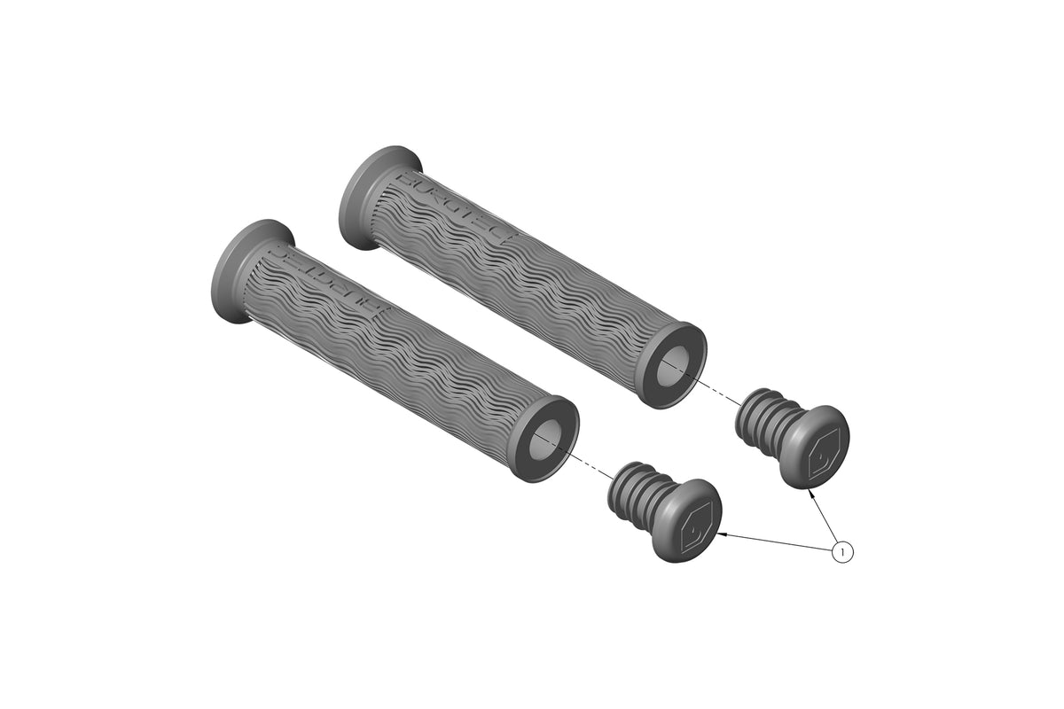 Exploded Burgtec Vero grip diagram showing the separate replacement end plugs marked 1