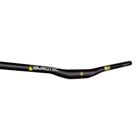 Burgtec Ride Wide Alloy Enduro handlebar with centre clamp section and Enduro graphics