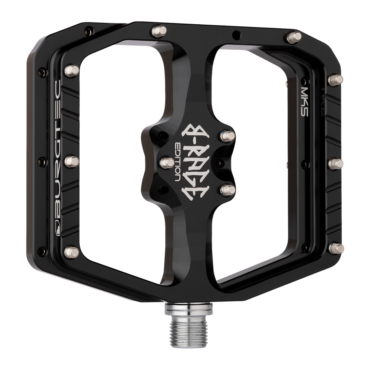 Burgtec B-Rage pedal showing the platform, perimeter pins and central pins
