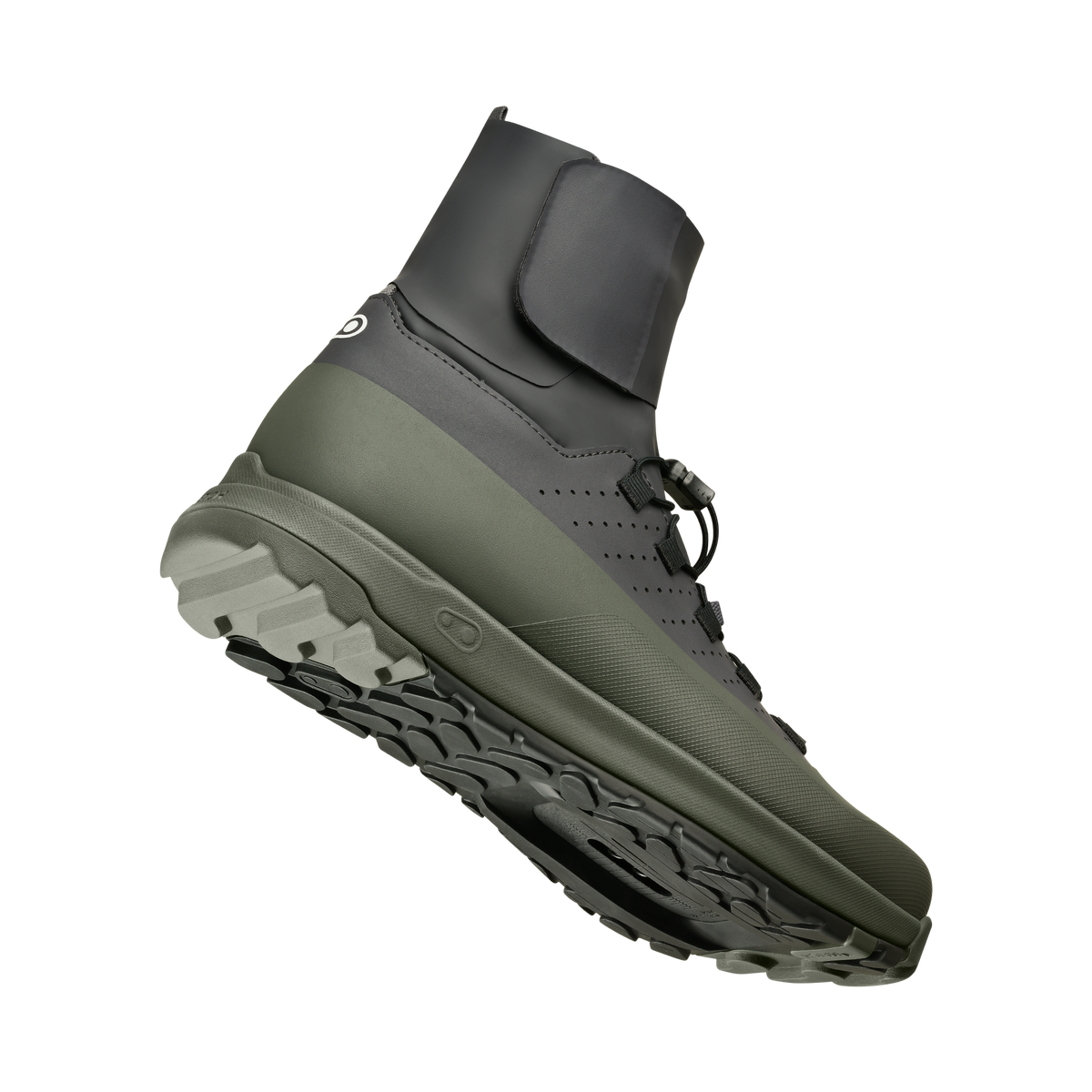 Crankbrothers Mallet Trail Speed Lace Seal Shoes in Dark Grey / Forest, angled outsole view; illustrated cleat not included