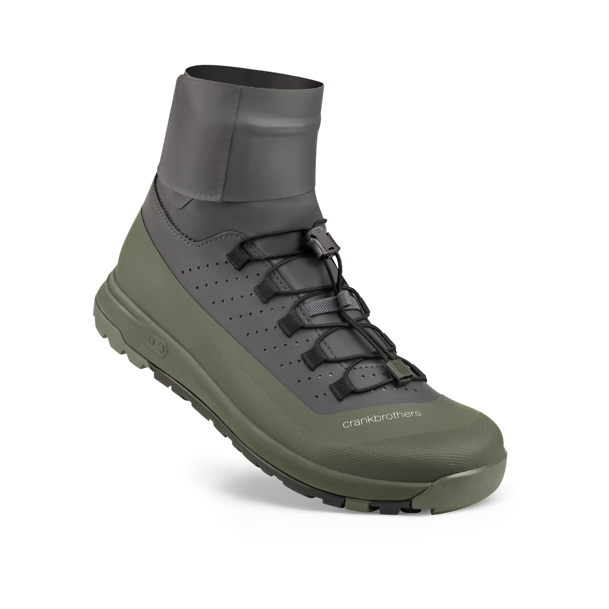 Crankbrothers Stamp Trail Speed Lace Seal Shoes in Dark Grey / Forest, three-quarter upper view