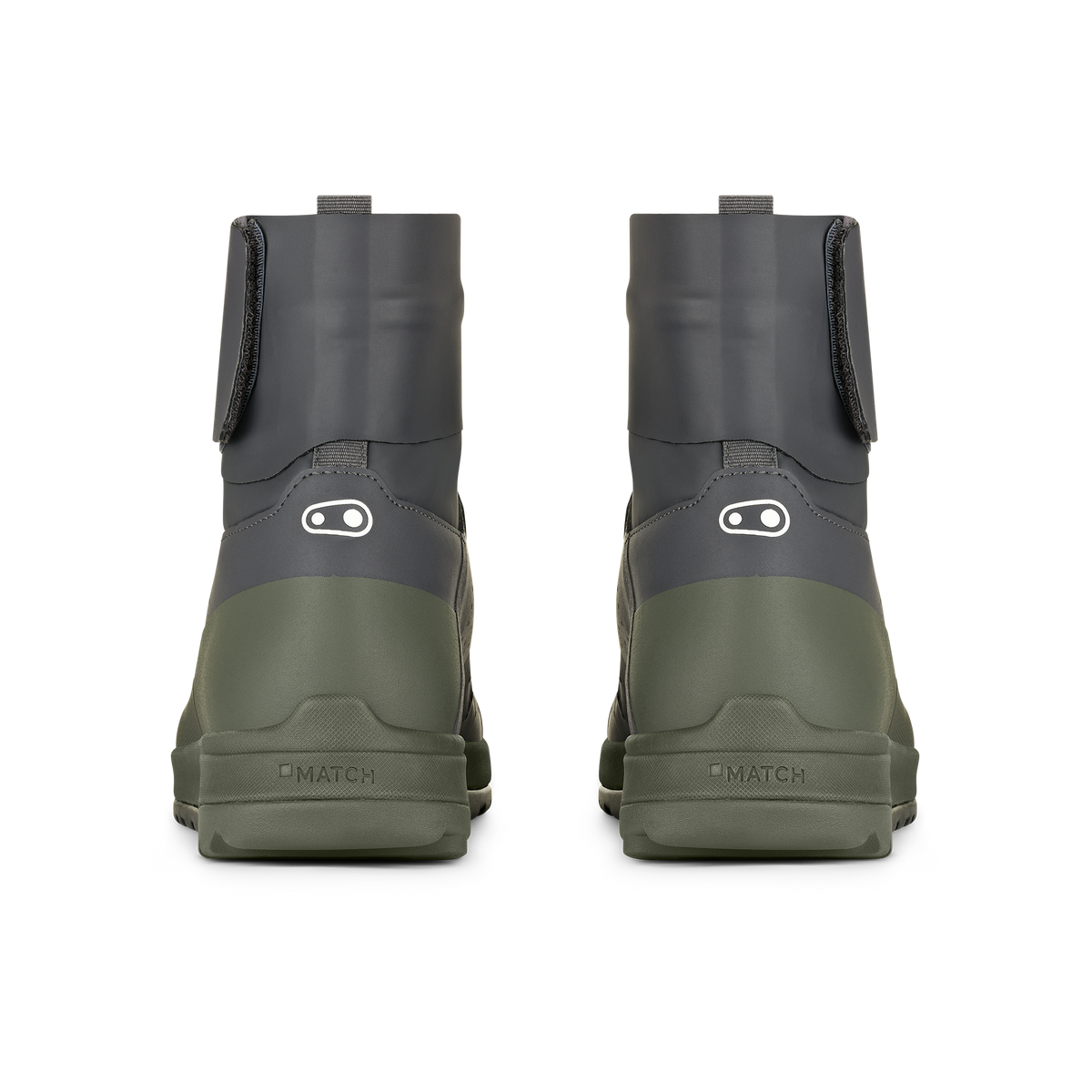 Crankbrothers Stamp Trail Speed Lace Seal Shoes in Dark Grey / Forest, rear view of the pair