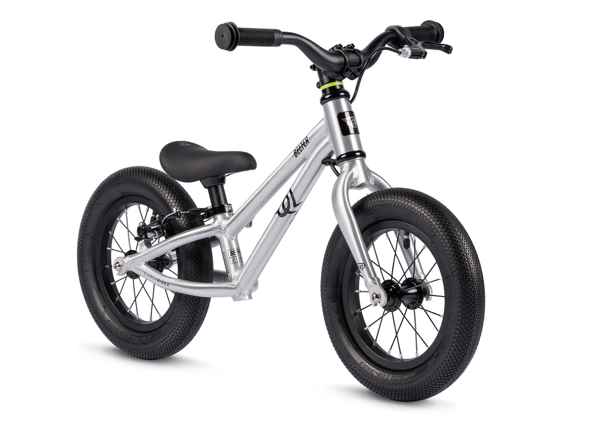 Early Rider Belter 12 Balance Bike in Brushed Aluminium - brushed balance bike on white, rear rim brake fitted