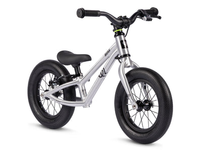 Early Rider Belter 12 Balance Bike in Brushed Aluminium - brushed balance bike on white, rear rim brake fitted