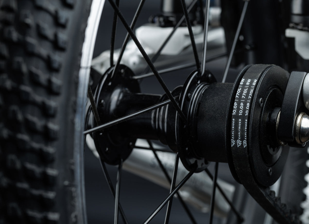 Early Rider Belter 14 in Brushed Aluminium - rear hub, belt and sprocket close-up