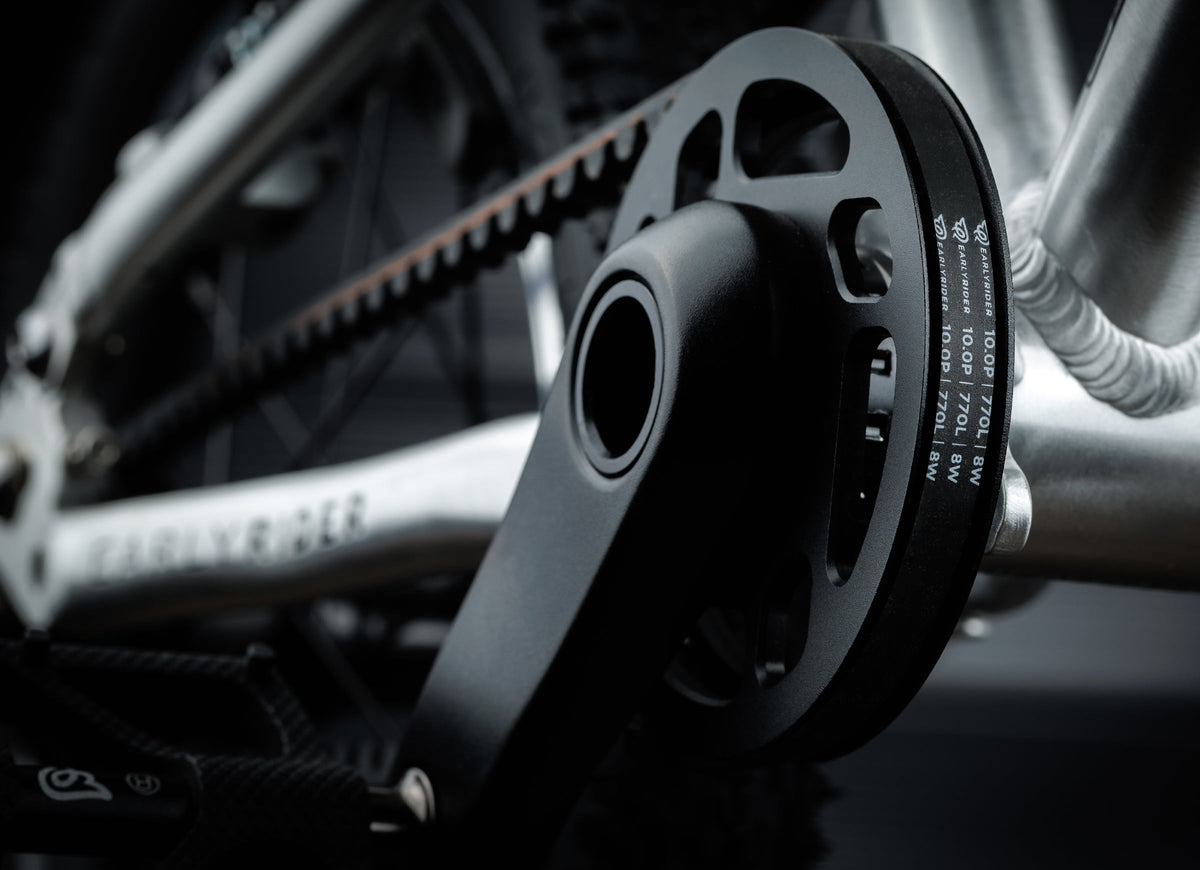 Early Rider Belter 14 in Brushed Aluminium - front belt sprocket and short crank