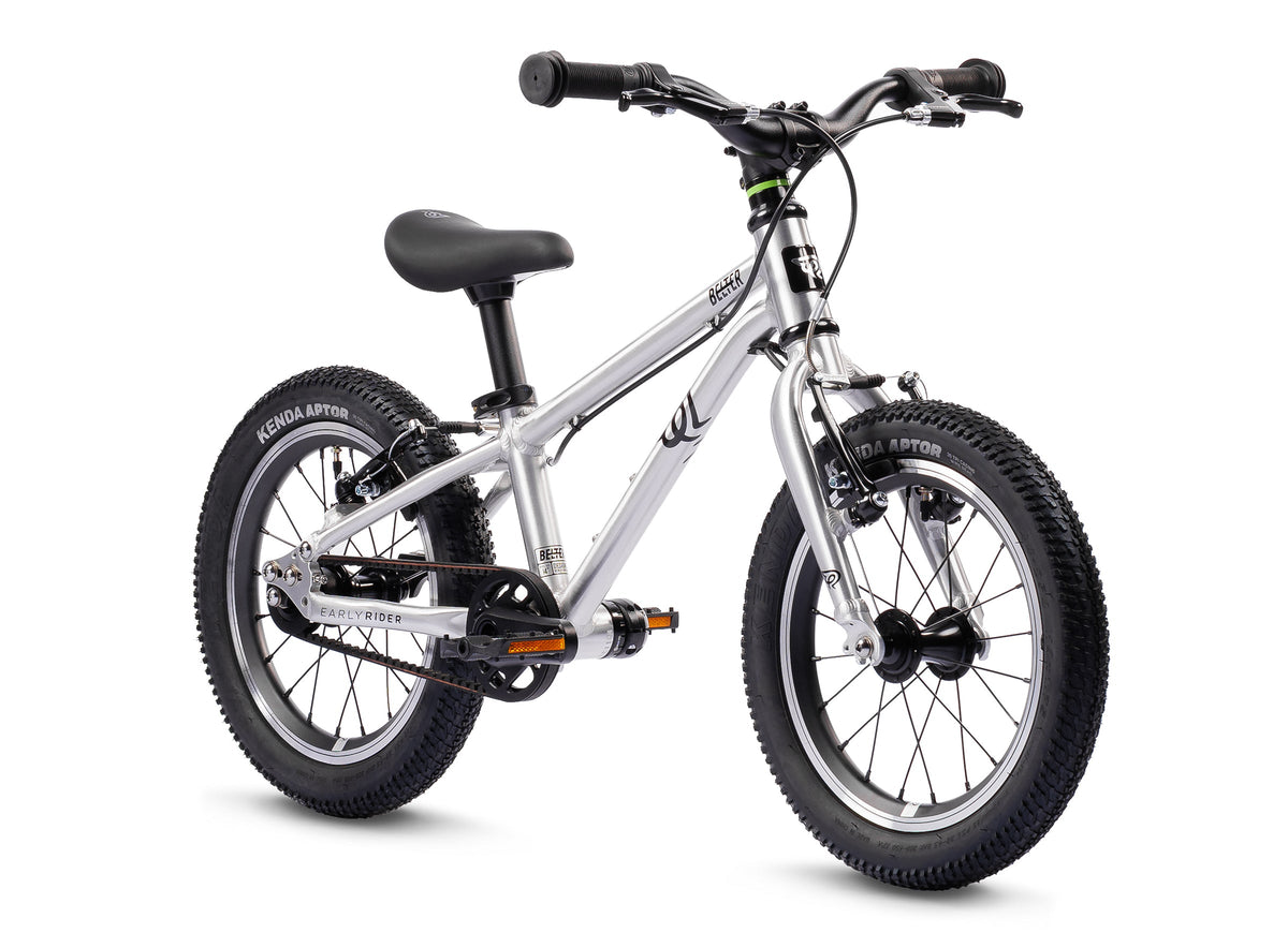 Early Rider Belter 14 in Brushed Aluminium - three-quarter whole bike on white