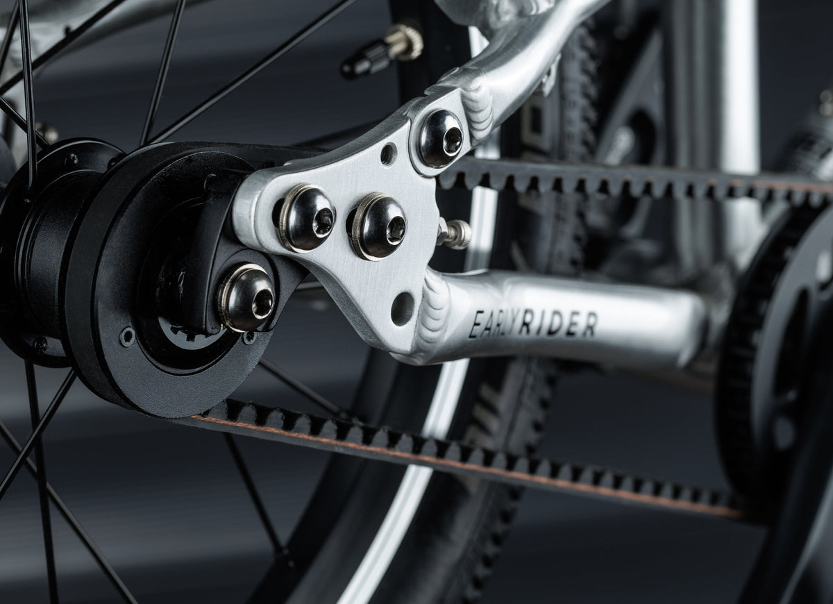 Early Rider Belter 16 in Brushed Aluminium - single-speed rear sprocket, belt and dropout