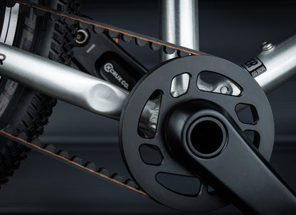 Early Rider Belter 16 in Brushed Aluminium - belt, front sprocket and crank close-up