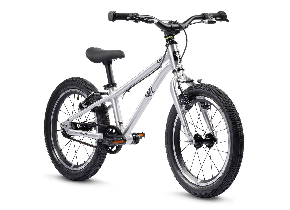 Early Rider Belter 16 in Brushed Aluminium - three-quarter single-speed whole bike on white