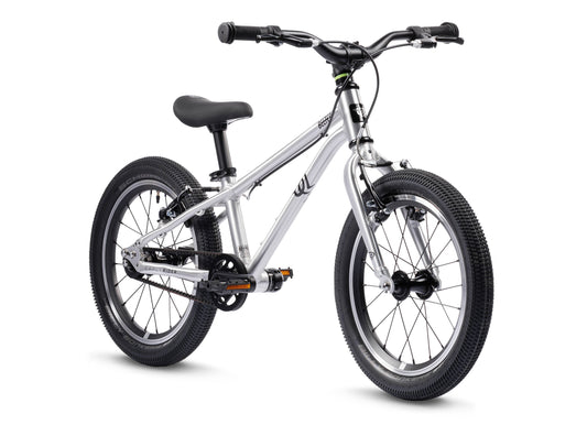 Early Rider Belter 16 in Brushed Aluminium - three-quarter single-speed whole bike on white