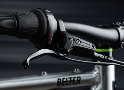 Early Rider Belter 24 in Brushed Aluminium - Nexus shifter and brake lever side view
