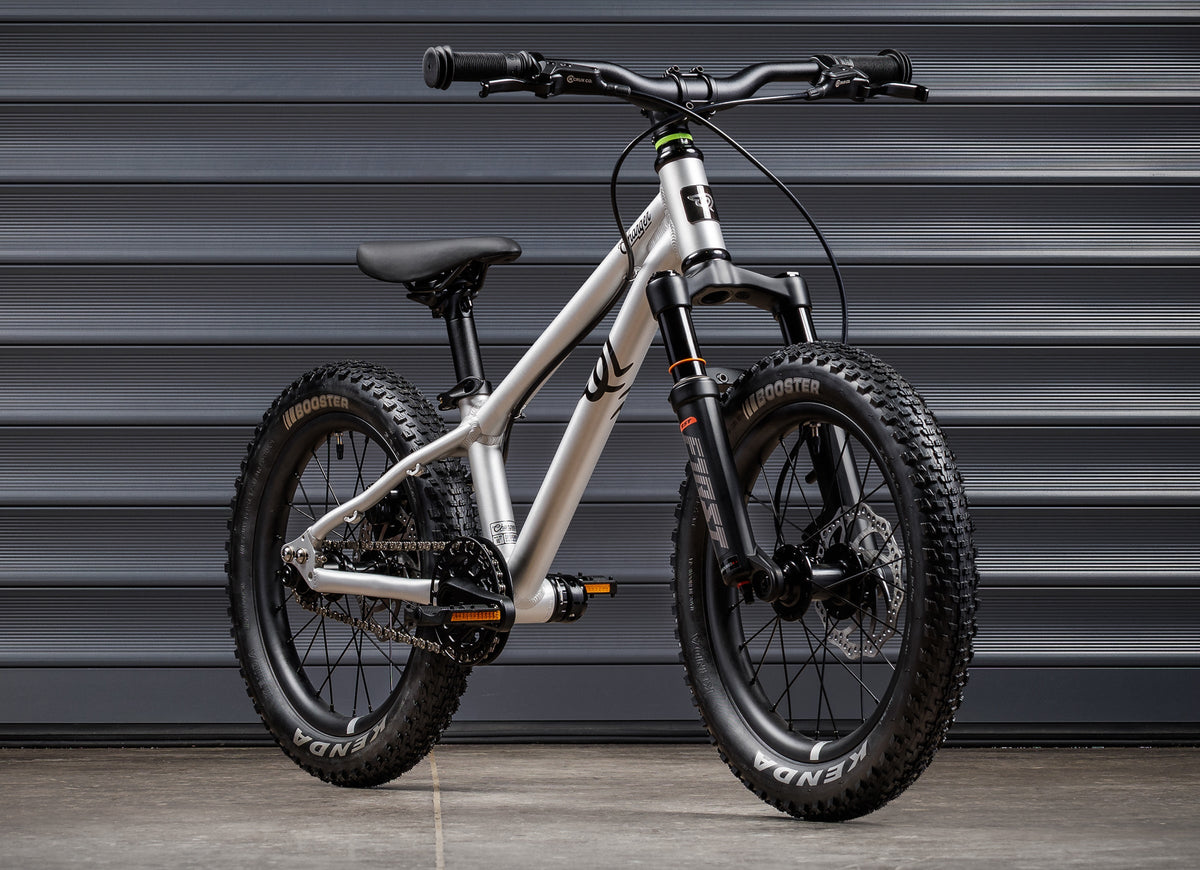 Early Rider Charger 16 in Brushed Aluminium - whole bike against shutters