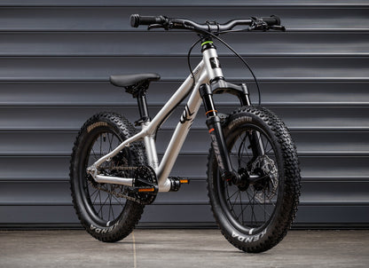 Early Rider Charger 16 in Brushed Aluminium - whole bike against shutters