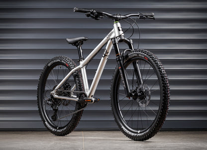 Early Rider Charger 24 in Brushed Aluminium - whole bike against shutters