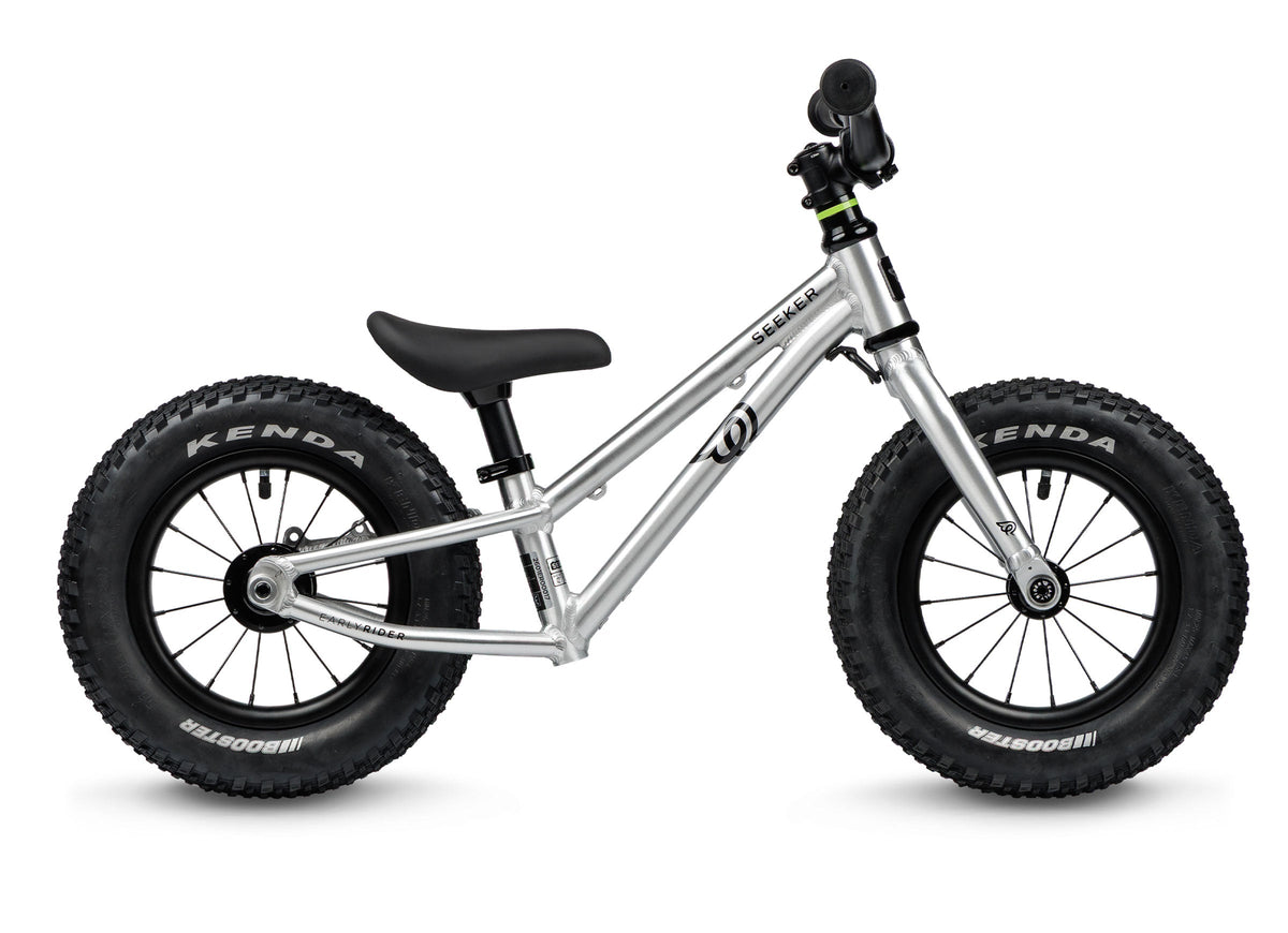 Early Rider Seeker 12 Balance Bike in Brushed Aluminium - low-frame balance-bike profile on white without brake