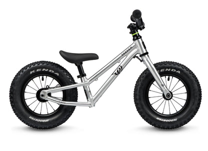 Early Rider Seeker 12 Balance Bike in Brushed Aluminium - low-frame balance-bike profile on white without brake