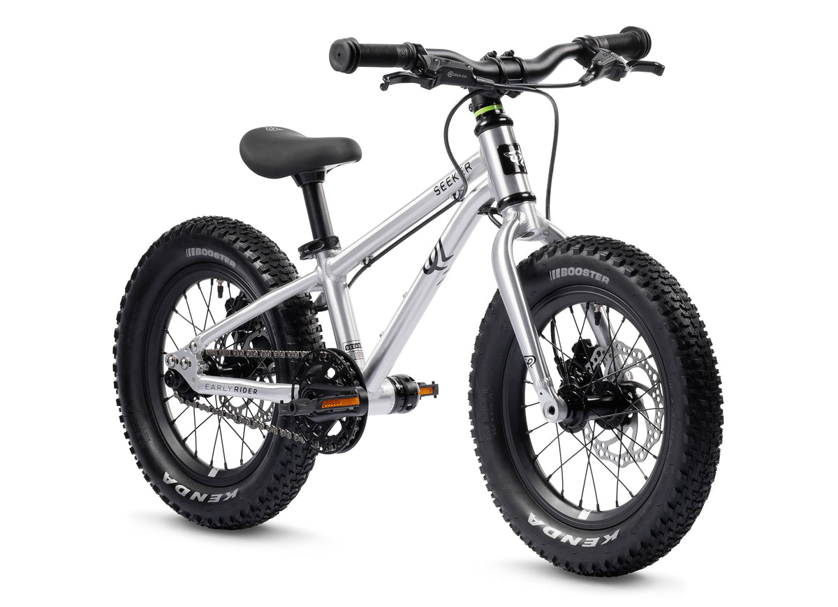 Early Rider Seeker 14 in Brushed Aluminium - three-quarter whole bike on white
