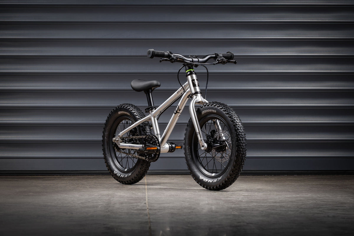 Early Rider Seeker 14 in Brushed Aluminium against grey shutters