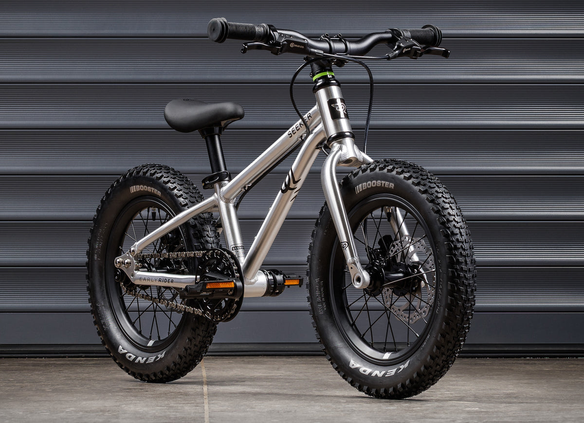 Early Rider Seeker 14 in Brushed Aluminium - whole bike against shutters