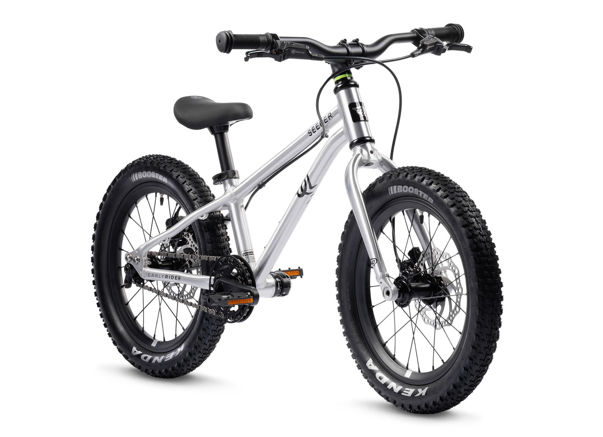 Early Rider Seeker 16 in Brushed Aluminium - three-quarter whole bike on white