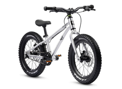 Early Rider Seeker 16 in Brushed Aluminium - three-quarter whole bike on white