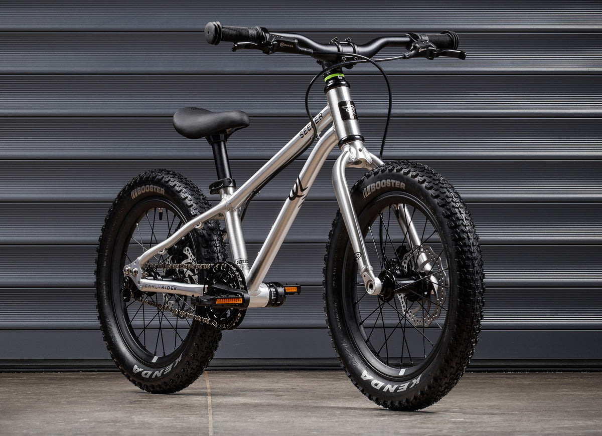 Early Rider Seeker 16 in Brushed Aluminium - whole bike against shutters