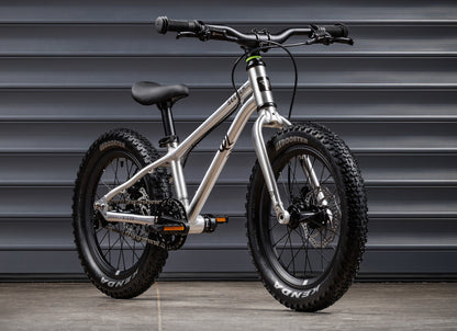 Early Rider Seeker 16 in Brushed Aluminium - whole bike against shutters