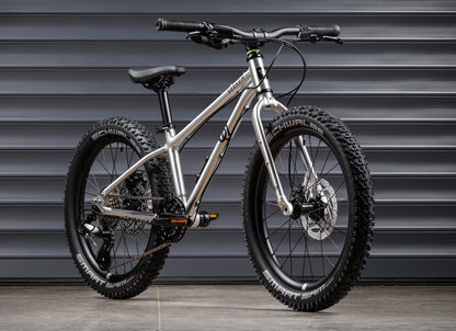 Early Rider Seeker 20 in Brushed Aluminium - whole bike against shutters