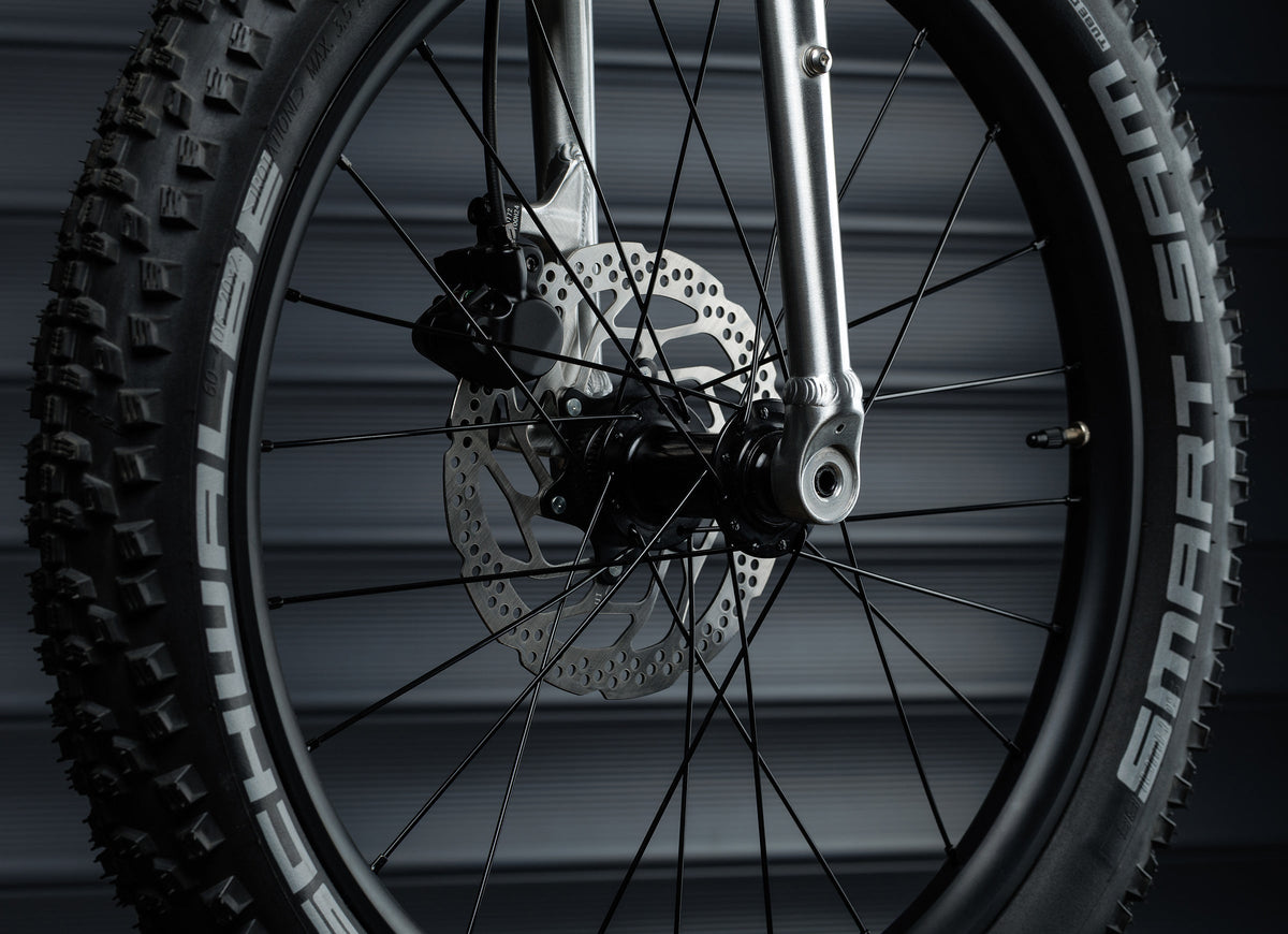 Early Rider Seeker 20 in Brushed Aluminium - Schwalbe Smart Sam front tyre, wheel and rigid fork