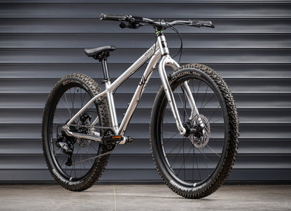 Early Rider Seeker 24 in Brushed Aluminium - whole bike against shutters