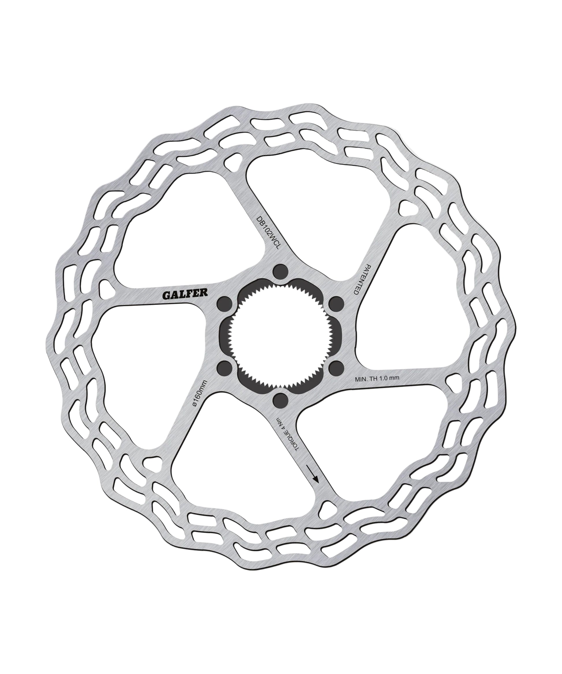 Metallic disc brake rotor on a light gray background