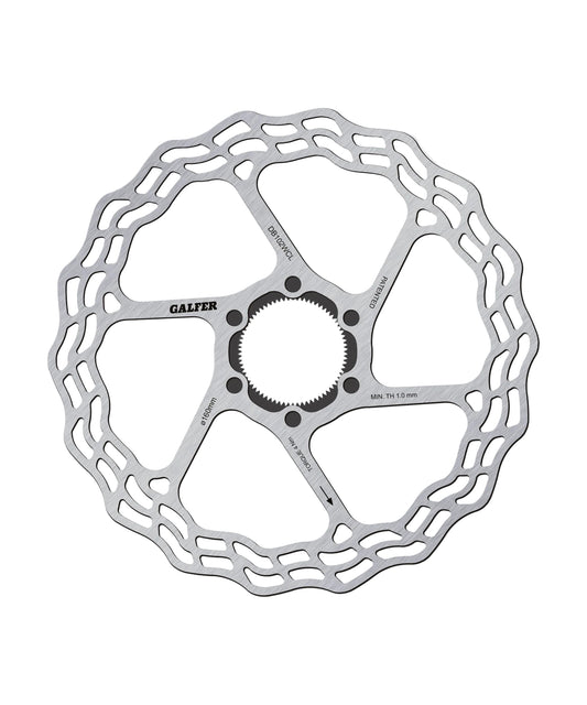 Metallic disc brake rotor on a light gray background