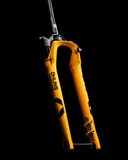 Öhlins GXF30 M.1 gravel fork in Racing Yellow, three-quarter studio view