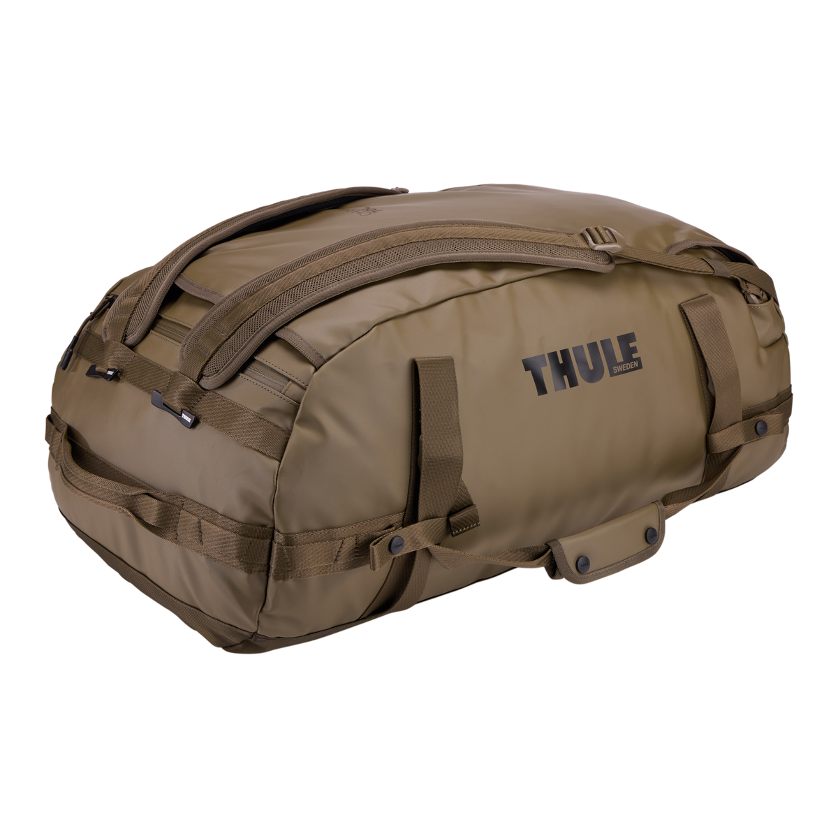 Thule Chasm Duffel - 70L / Deep Khaki - view with backpack straps visible
