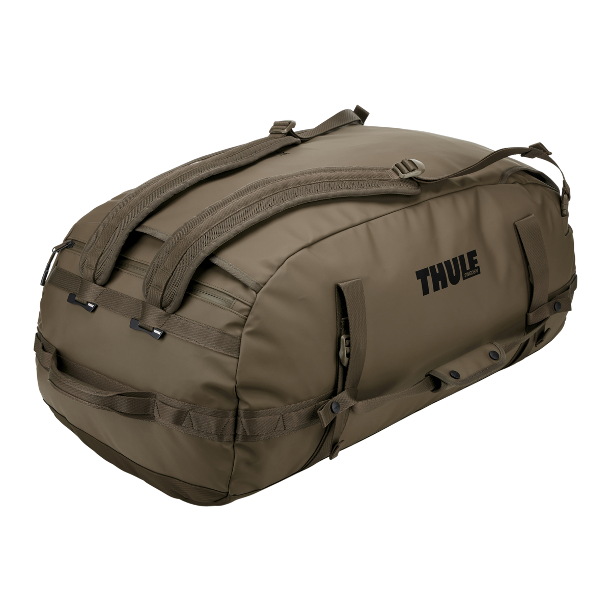 Thule Chasm Duffel - 90L / Deep Khaki - view with backpack straps visible